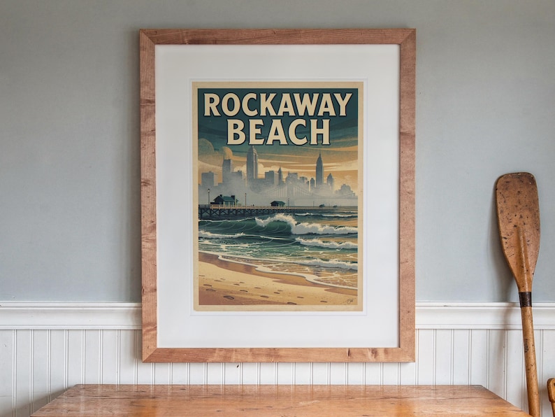 Rockaway Beach Surf Travel Poster print in a Red Oak frame with a white mat, hanging above the sideboard in a dining room.