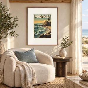 Windansea Surf print in a Red Oak frame with a white mat in a light-filled coastal sitting room.
