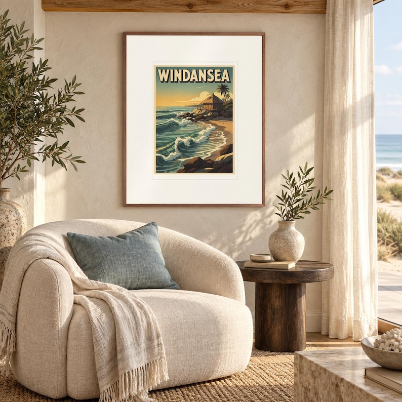 Windansea Surf print in a Red Oak frame with a white mat in a light-filled coastal sitting room.