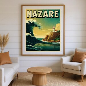 Nazare Portugal Surf Poster framed in a beach-style living room setting