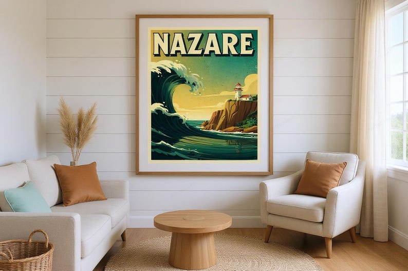 Nazare Portugal Surf Poster framed in a beach-style living room setting