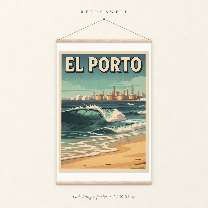 El Porto Manhattan Beach Surf oak hanger poster, 24 by 36 inches, with natural wood rails and a hanging cord.