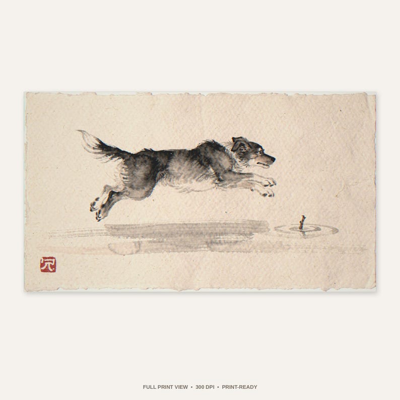 Xieyi Ink Dog Chasing Stick Into Surf Print - full unframed print view, 300 DPI print-ready quality