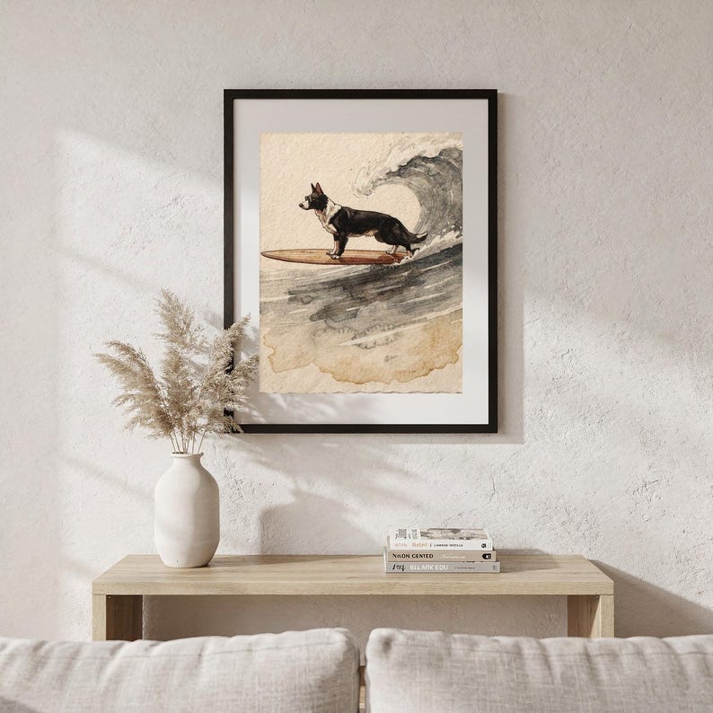 Border Collie surfingtryck, surfhundbarnrumskonst, kustnära barnrumsdekor, hundälskarepresent, utskrivbar väggkonst digital nedladdning bild 6