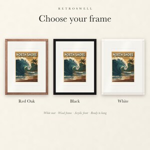 Frame options for North Shore Surf: Red Oak, black and white wood frames, each with a white mat.