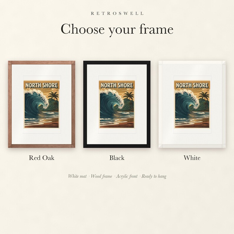Frame options for North Shore Surf: Red Oak, black and white wood frames, each with a white mat.