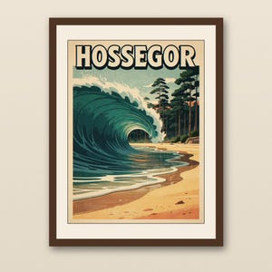 Hossegor France Surf Poster - walnut framed art print with cream mat on plaster wall