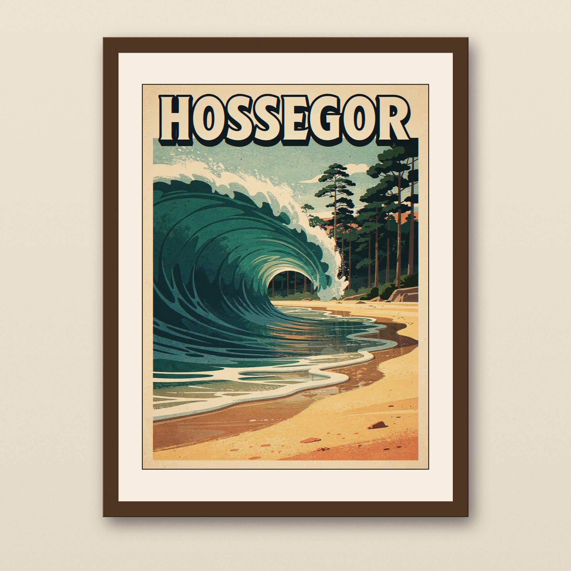 Hossegor France Surf Poster - walnut framed art print with cream mat on plaster wall