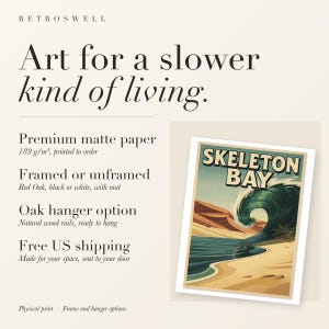 RetroSwell print details for Skeleton Bay Namibia Surf: premium 189 g/m² matte paper, framed or unframed, oak hanger option, free US shipping.