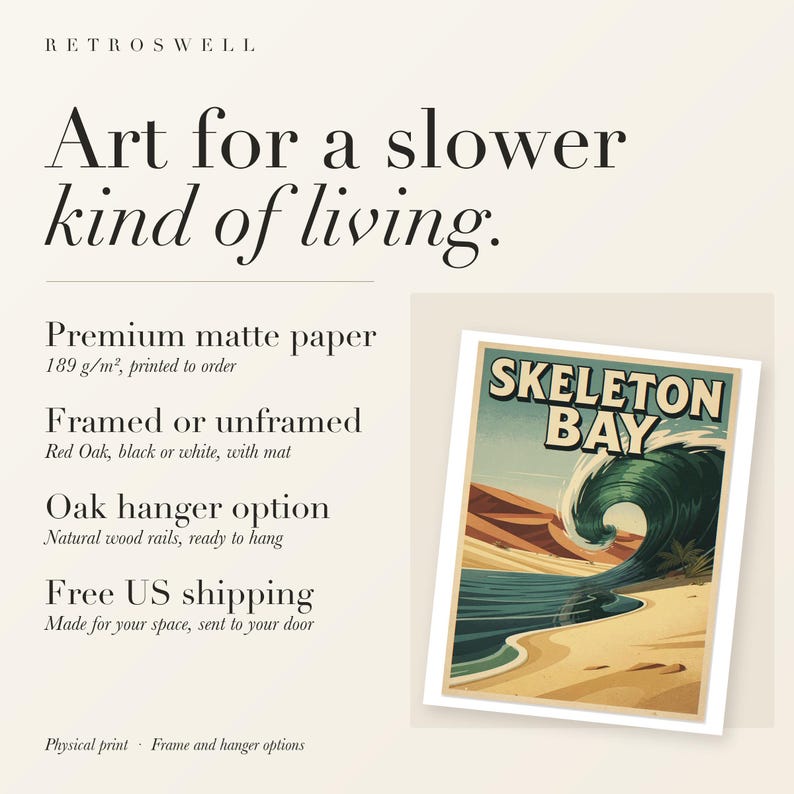 RetroSwell print details for Skeleton Bay Namibia Surf: premium 189 g/m² matte paper, framed or unframed, oak hanger option, free US shipping.