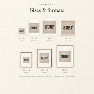 Sizes and formats for Surf Patch, shown to scale: unframed prints, oak hanger and framed prints.