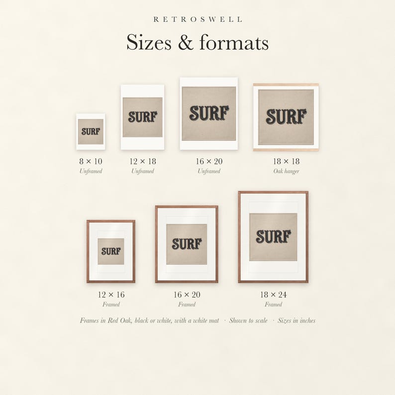 Sizes and formats for Surf Patch, shown to scale: unframed prints, oak hanger and framed prints.