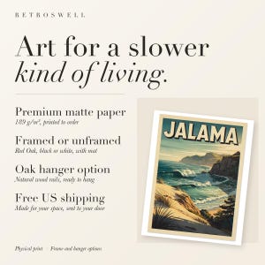 RetroSwell print details for Jalama Beach Surf: premium 189 g/m² matte paper, framed or unframed, oak hanger option, free US shipping.
