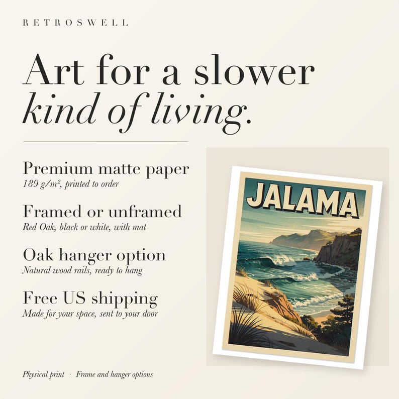RetroSwell print details for Jalama Beach Surf: premium 189 g/m² matte paper, framed or unframed, oak hanger option, free US shipping.