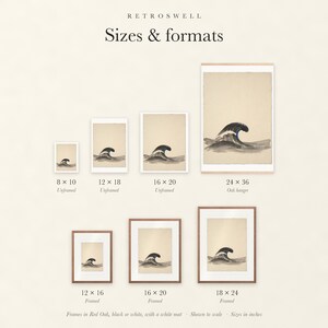 Sizes and formats for Curling Wave Ink Style, shown to scale: unframed prints, oak hanger and framed prints.