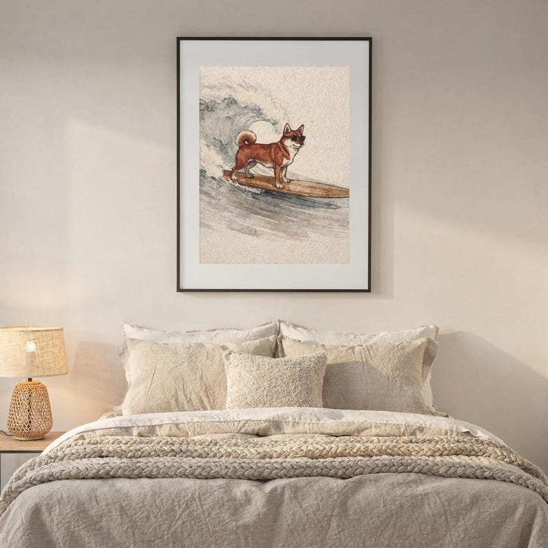 Shiba Inu Surfing Print | Watercolor Dog Wall Art | Coastal Beach Decor | Printable Instant Download | Shiba Gift image 6