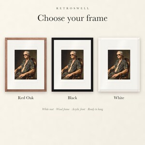 Frame options for Alexander Hamilton Surfer: Red Oak, black and white wood frames, each with a white mat.