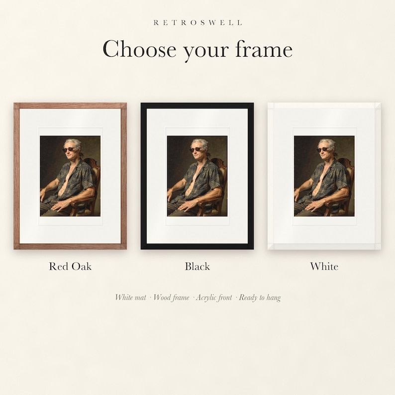 Frame options for Alexander Hamilton Surfer: Red Oak, black and white wood frames, each with a white mat.