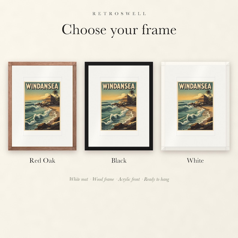 Frame options for Windansea Surf: Red Oak, black and white wood frames, each with a white mat.