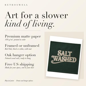 RetroSwell print details for Salt Washed Patch: premium 189 g/m² matte paper, framed or unframed, oak hanger option, free US shipping.