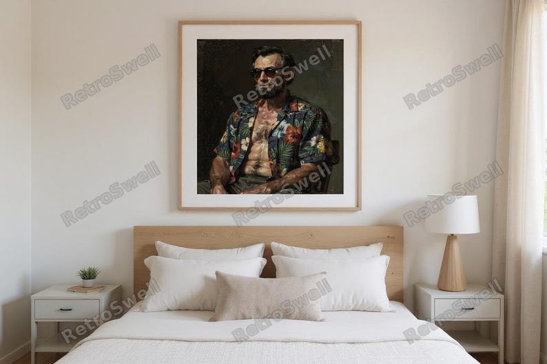 Abe Lincoln Print framed in a modern bedroom setting