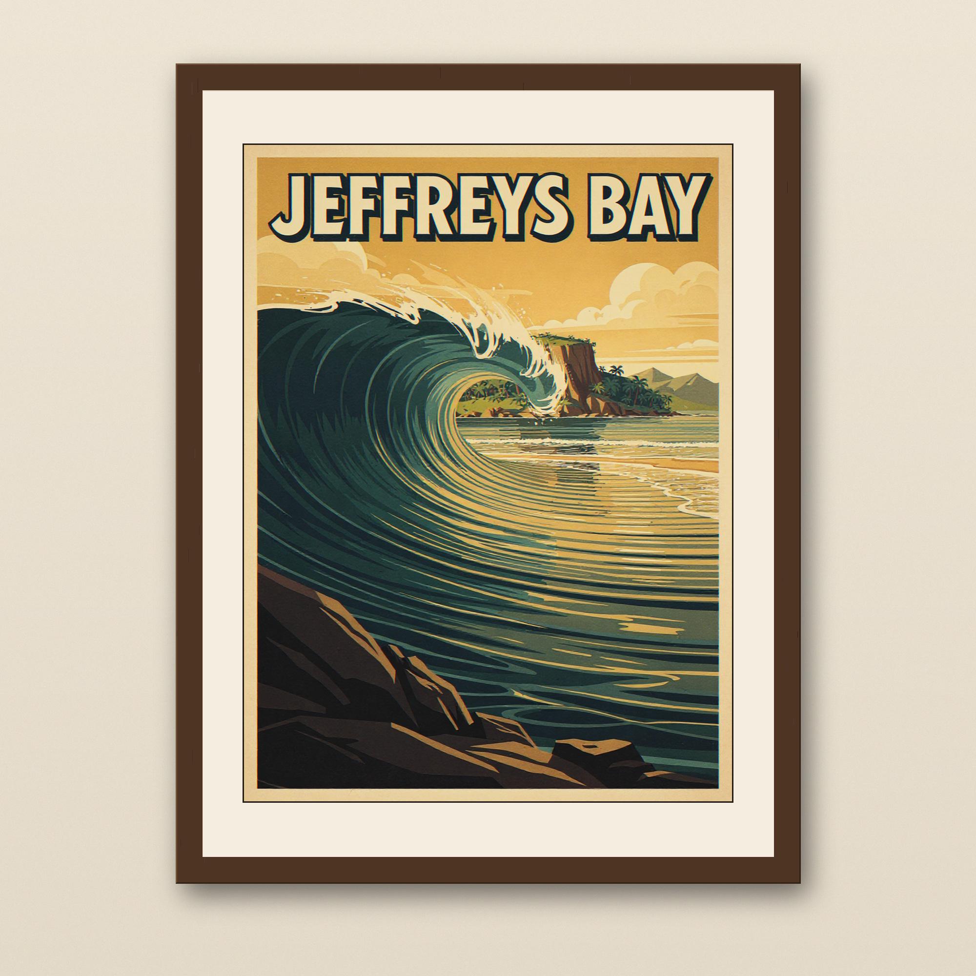 Jeffreys Bay South Africa Surf Poster - walnut framed art print with cream mat on plaster wall