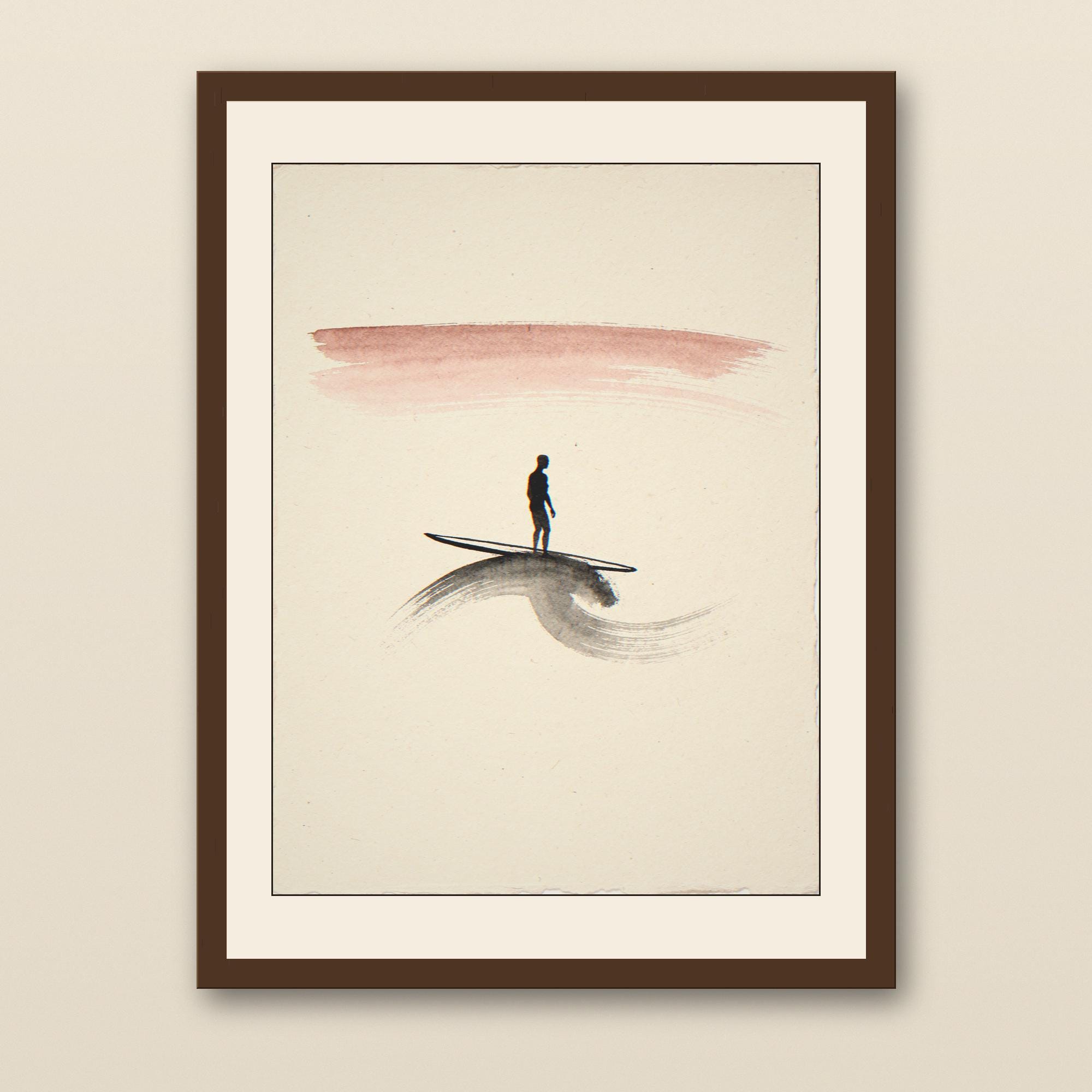 Sumi-e Lone Surfer with Rose Dawn Accent Print - walnut framed art print with cream mat on plaster wall