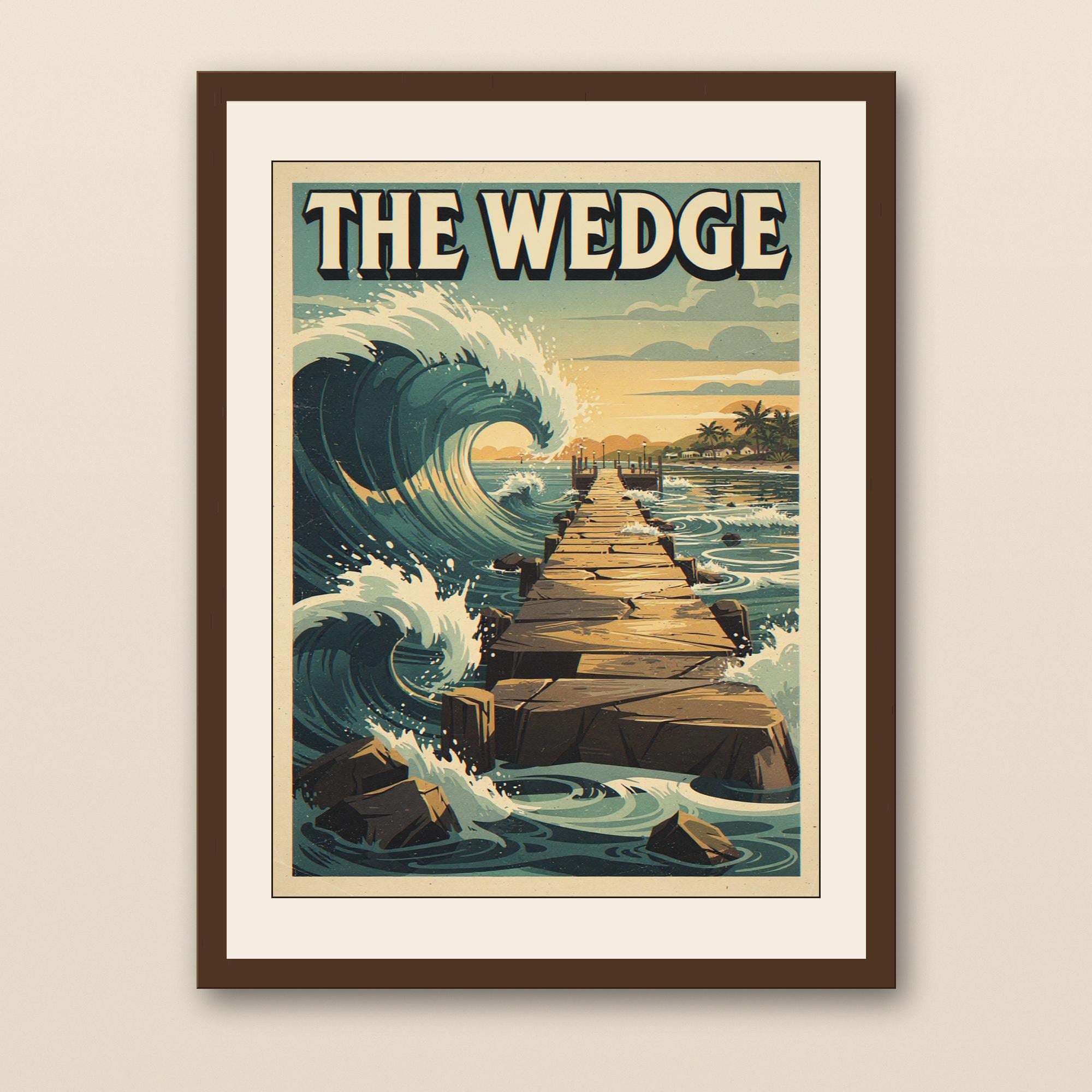 The Wedge Newport Beach Surf Poster - walnut framed art print with cream mat on plaster wall