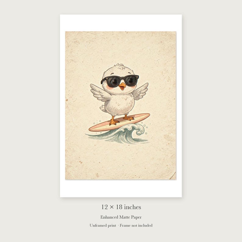 Seagull Surfing Art Print, Framed or Unframed Coastal Nursery Poster image 8
