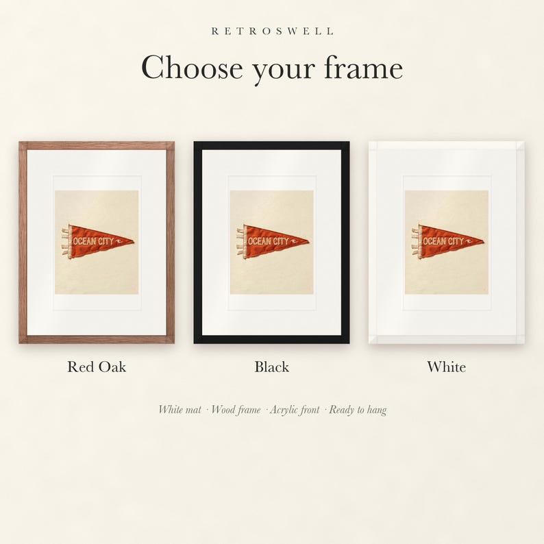 Frame options for Ocean City, Maryland Surf Pennant: Red Oak, black and white wood frames, each with a white mat.