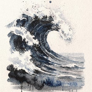 Storm Wave Watercolor Print, Dark Indigo Ocean Art, Moody Coastal Wall Decor, Large Seascape Painting, Printable Wall Art Digital Download image 2