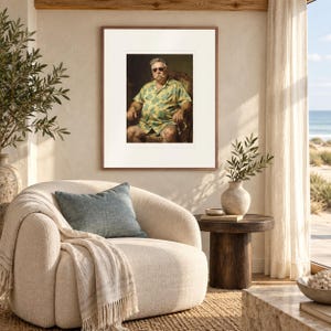 William Howard Taft Surfer print in a Red Oak frame with a white mat in a light-filled coastal sitting room.