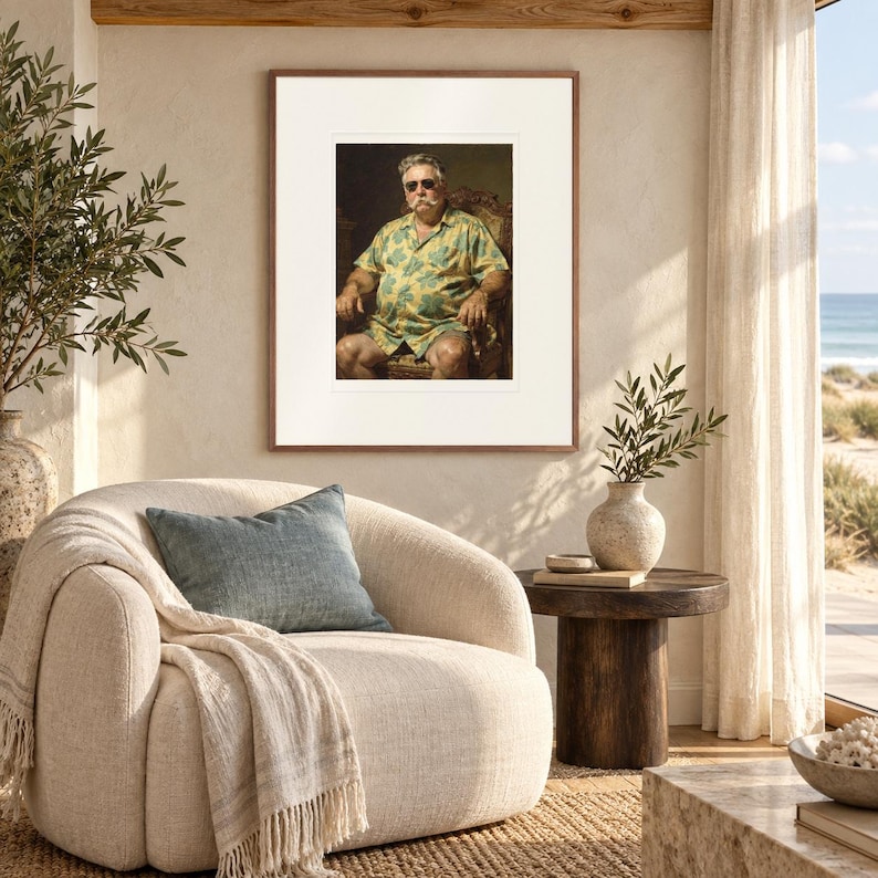 William Howard Taft Surfer print in a Red Oak frame with a white mat in a light-filled coastal sitting room.