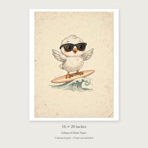 Seagull Surfing Art Print, Framed or Unframed Coastal Nursery Poster image 9