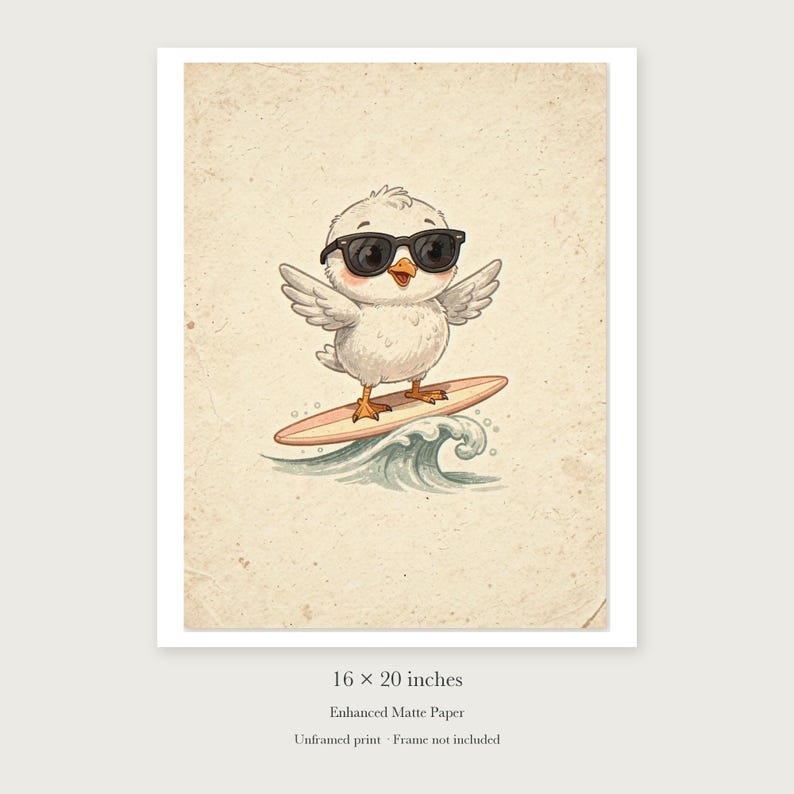 Seagull Surfing Art Print, Framed or Unframed Coastal Nursery Poster image 9