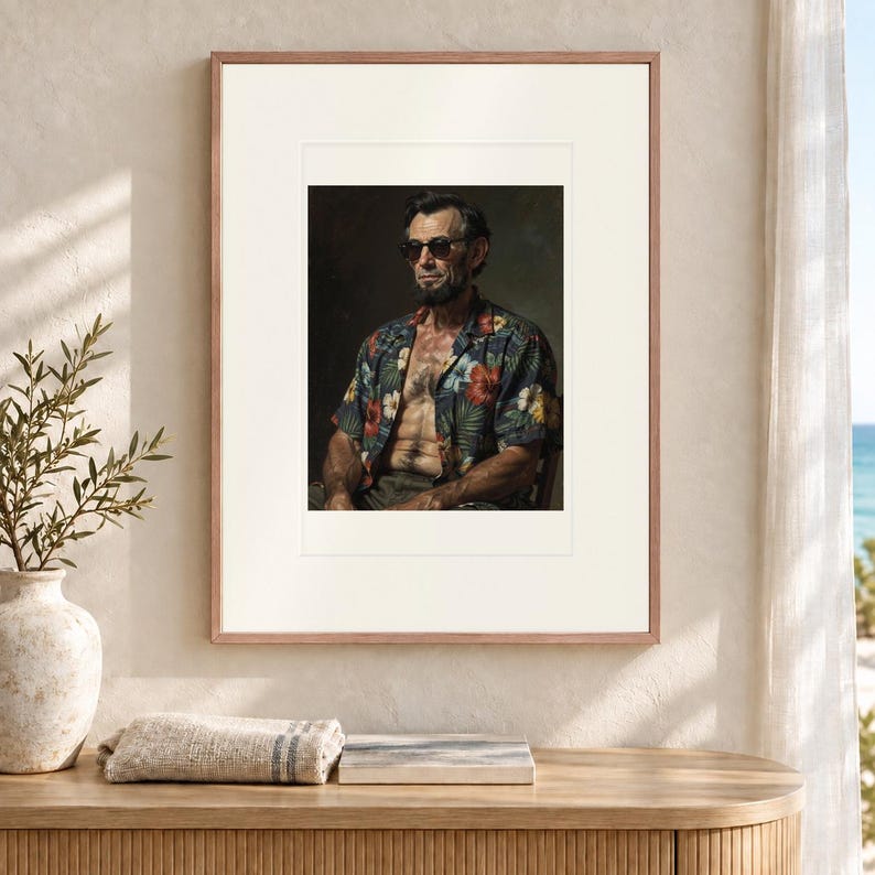 Stampa artistica di Abraham Lincoln, con divertente ritratto di occhiali da sole e camicia hawaiana, con o senza cornice. immagine 12