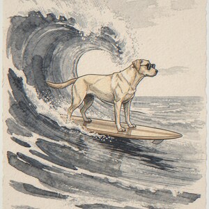 Labrador surfing unframed printed artwork and full composition with its paper border.