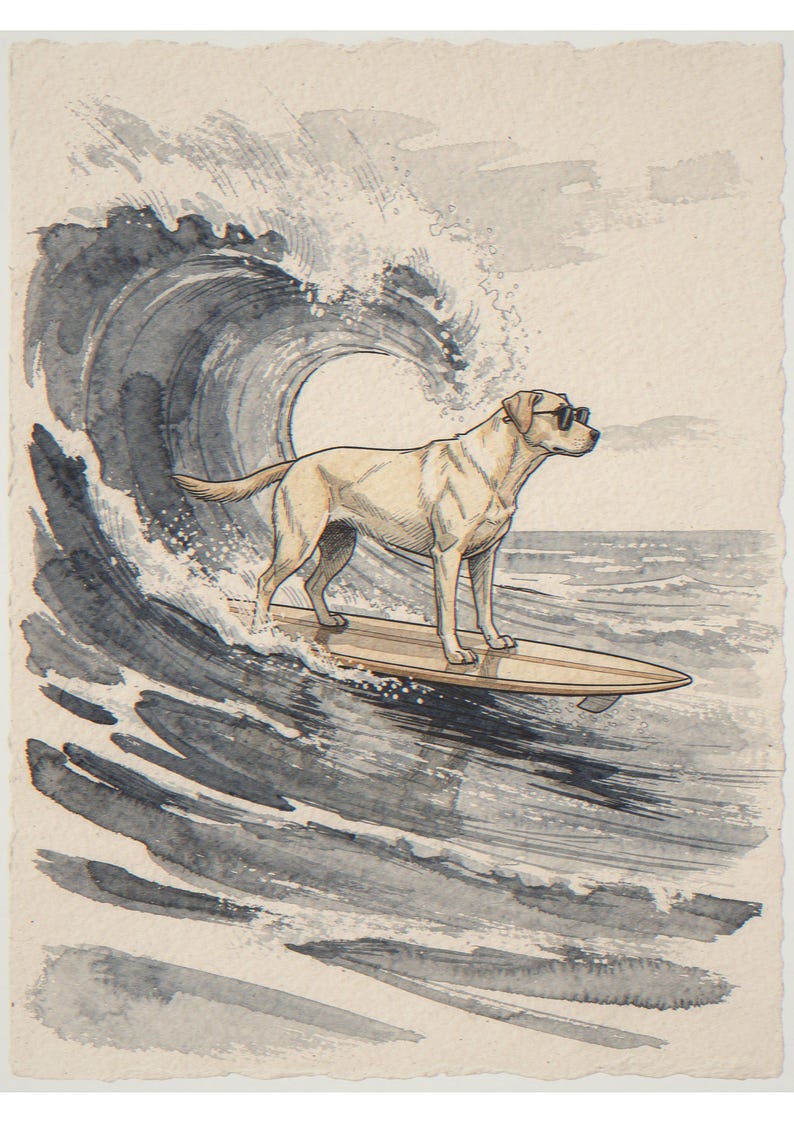 Labrador surfing unframed printed artwork and full composition with its paper border.