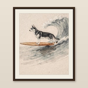 Husky Surfing Art Print | Watercolor Dog Wall Art | Coastal Beach Decor | Printable Instant Download | Funny Surf Dog Gift