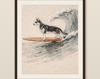 Husky Surfing Art Print | Watercolor Dog Wall Art | Coastal Beach Decor | Printable Instant Download | Funny Surf Dog Gift