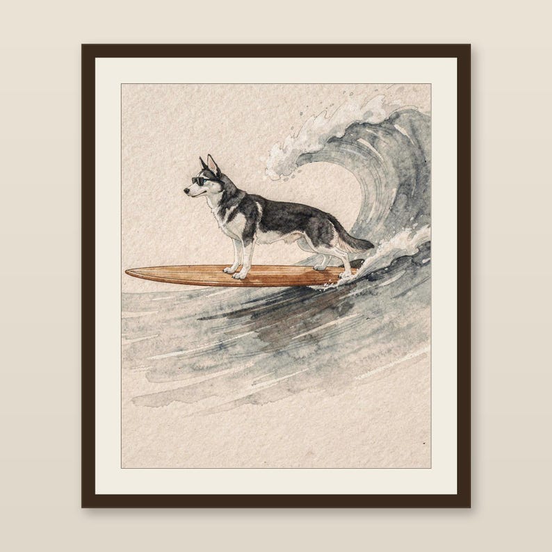 Husky Surfing Art Print | Watercolor Dog Wall Art | Coastal Beach Decor | Printable Instant Download | Funny Surf Dog Gift image 1