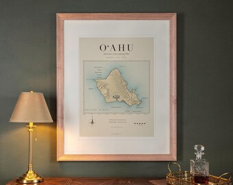 Lámina artística con mapa de olas de Oahu, póster vintage de olas de Hawái con o sin marco.