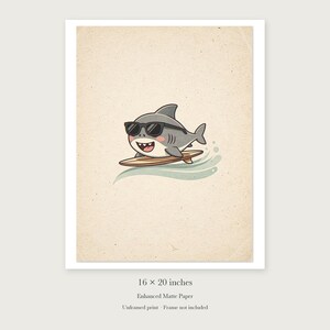 Shark Surfing unframed 16 by 20 inch print on enhanced matte paper, shown with its white paper border.