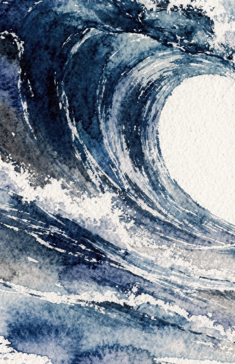 Stampa artistica ad acquerello con onde, La Cresta, Dipinto dell'Oceano Blu di Prussia, Decorazione murale costiera, Arte del surf, Stampa artistica digitale da parete immagine 4