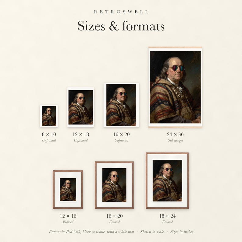 Sizes and formats for Benjamin Franklin, shown to scale: unframed prints, oak hanger and framed prints.