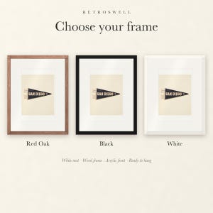 Frame options for San Diego Surf Pennant: Red Oak, black and white wood frames, each with a white mat.