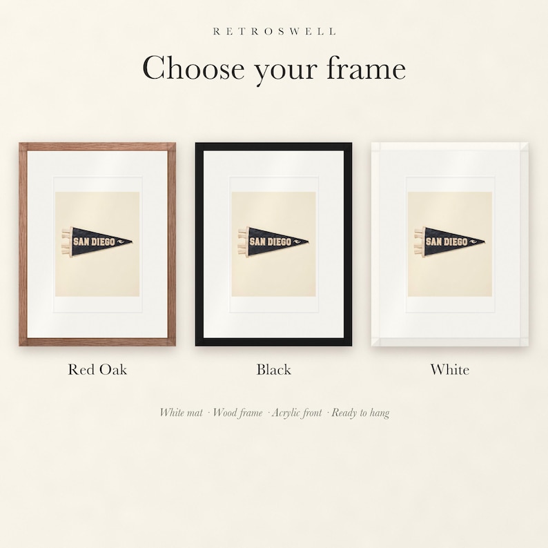 Frame options for San Diego Surf Pennant: Red Oak, black and white wood frames, each with a white mat.