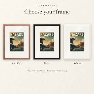 Frame options for Nazare Surf: Red Oak, black and white wood frames, each with a white mat.