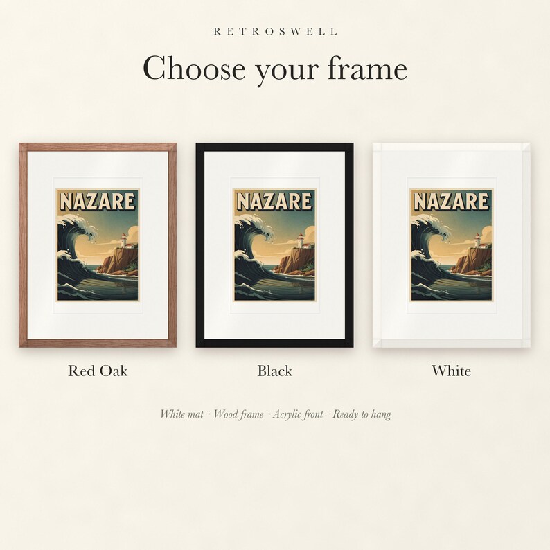 Frame options for Nazare Surf: Red Oak, black and white wood frames, each with a white mat.