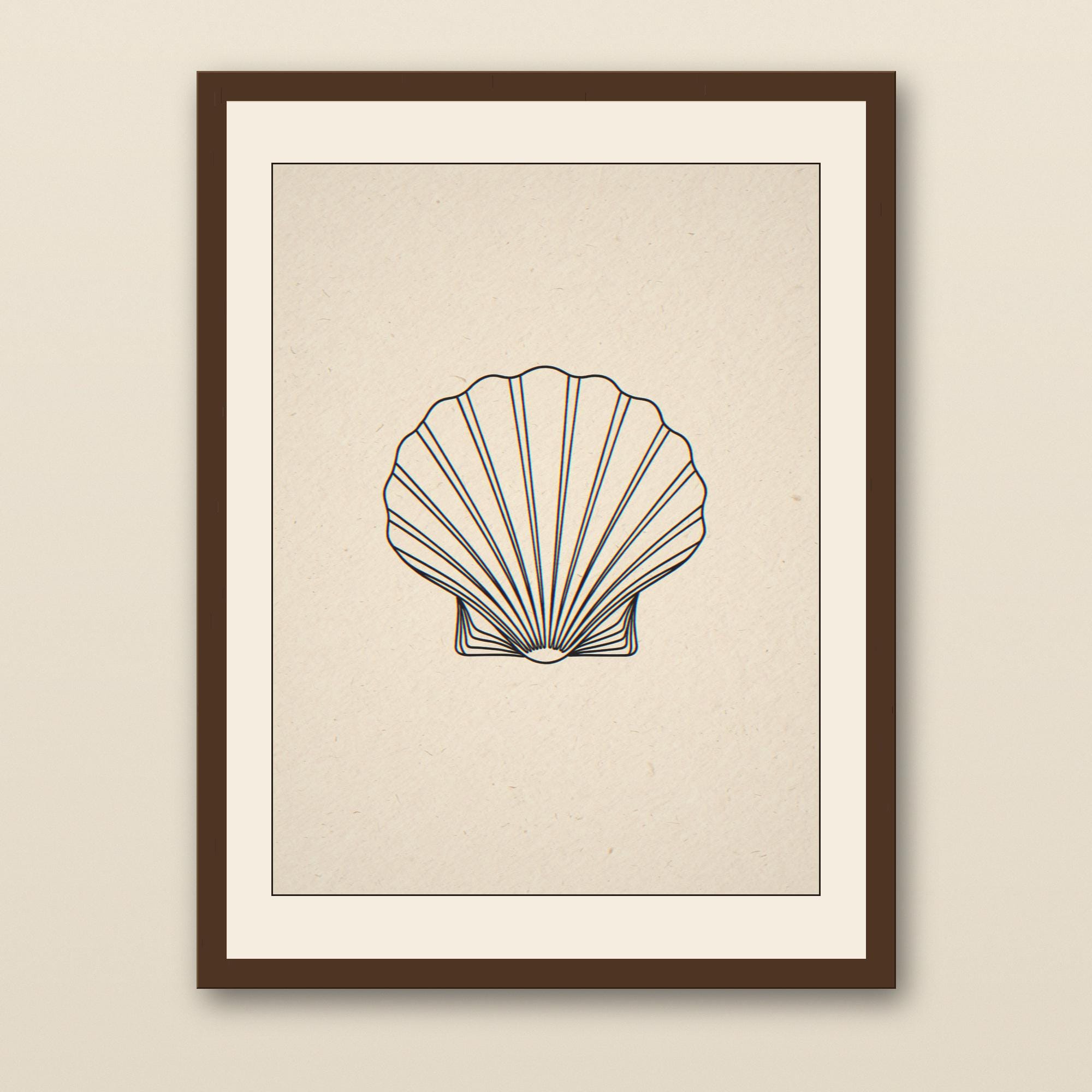 Boho Seashell Line Art - walnut framed art print with cream mat on plaster wall